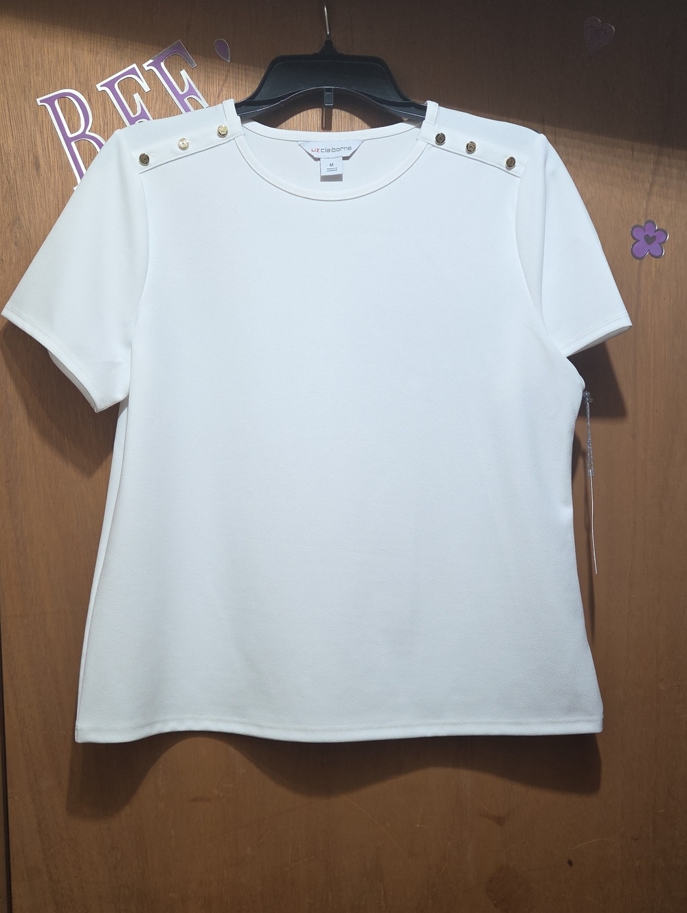 Liz Claiborne Cream Short-Sleeve Top with Shoulder Button Detail